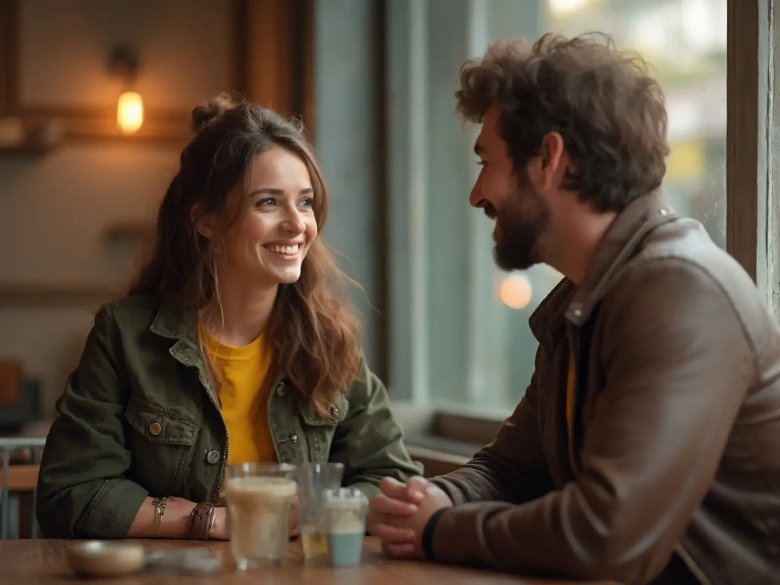 Zwei Personen unterhalten sich entspannt und lächelnd bei einem Date