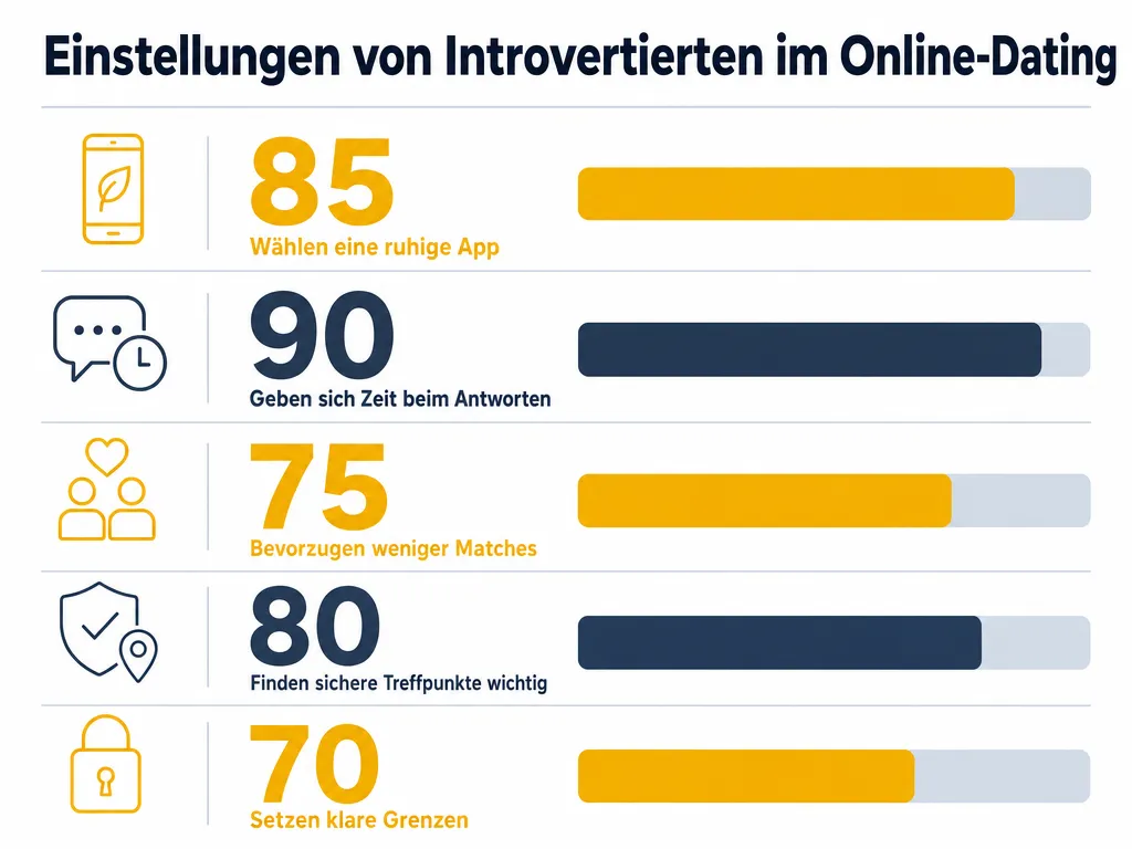 Einstellungen von Introvertierten im Online-Dating - Wählen eine ruhige App: 85, Geben sich Zeit beim Antworten: 90, Bevorzugen weniger Matches: 75, Finden sichere Treffpunkte wichtig: 80, Setzen klare Grenzen: 70