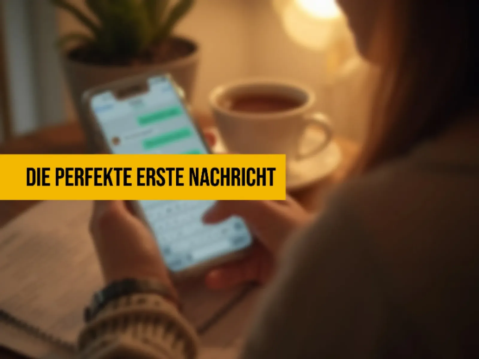 Person schreibt lächelnd die erste Nachricht auf einer Dating-Plattform
