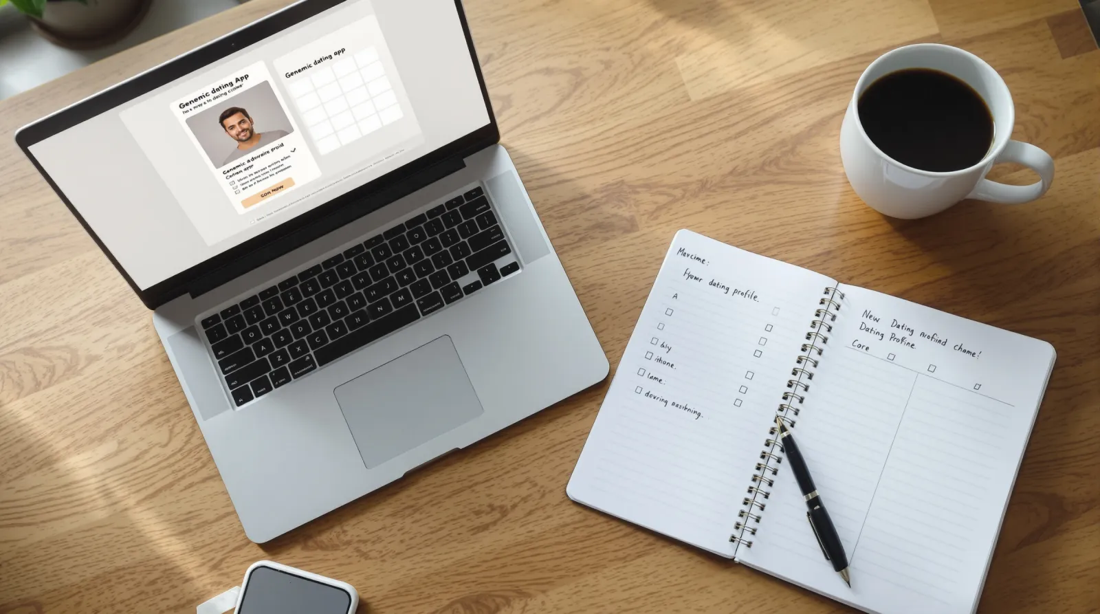 Schreibtisch mit Laptop, Notizbuch und Bewertungsspalte – Symbolbild für unsere Testabläufe