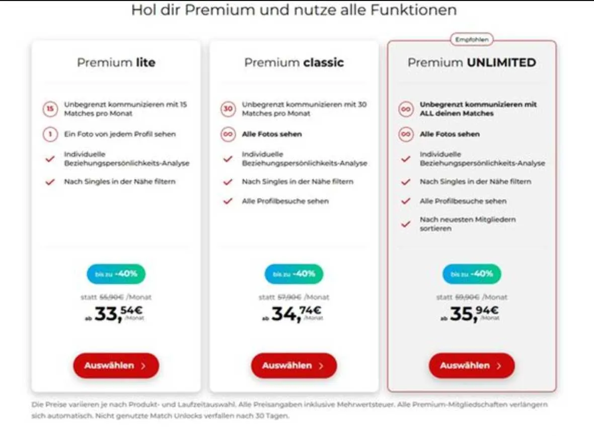Screenshot der drei Parship-Premium-Pakete im Bestellprozess mit Rabattpreisen