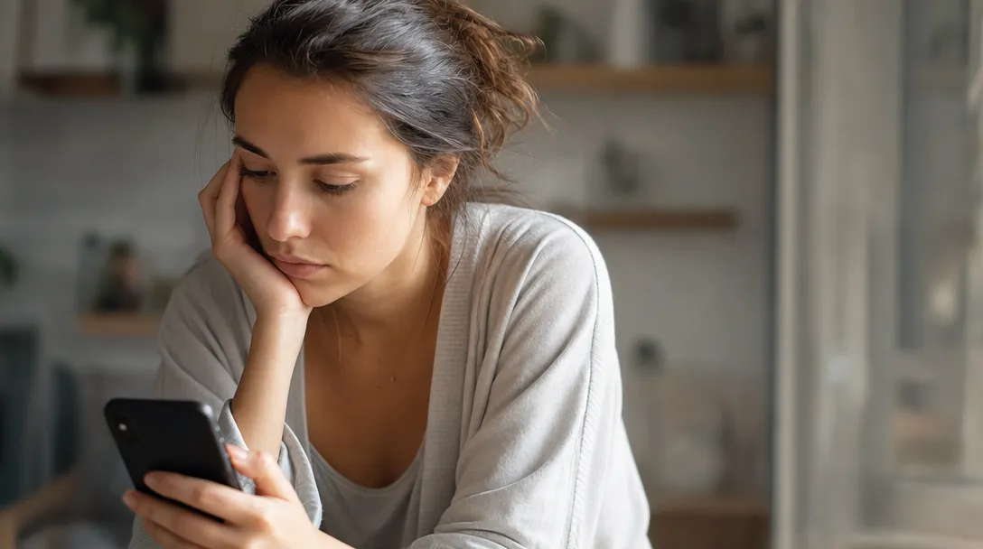 Paar sieht sich lächelnd gemeinsam Nachrichten auf dem Smartphone an