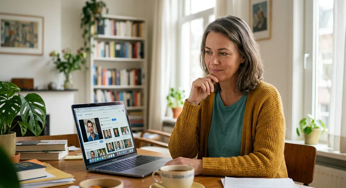 Person sieht sich am Laptop kritisch ein Profilbild an