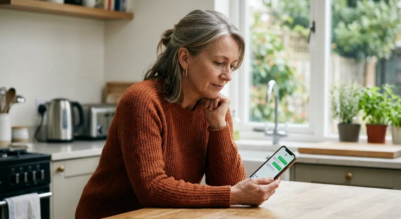 Person sitzt nachdenklich zu Hause und schaut auf ihr Smartphone