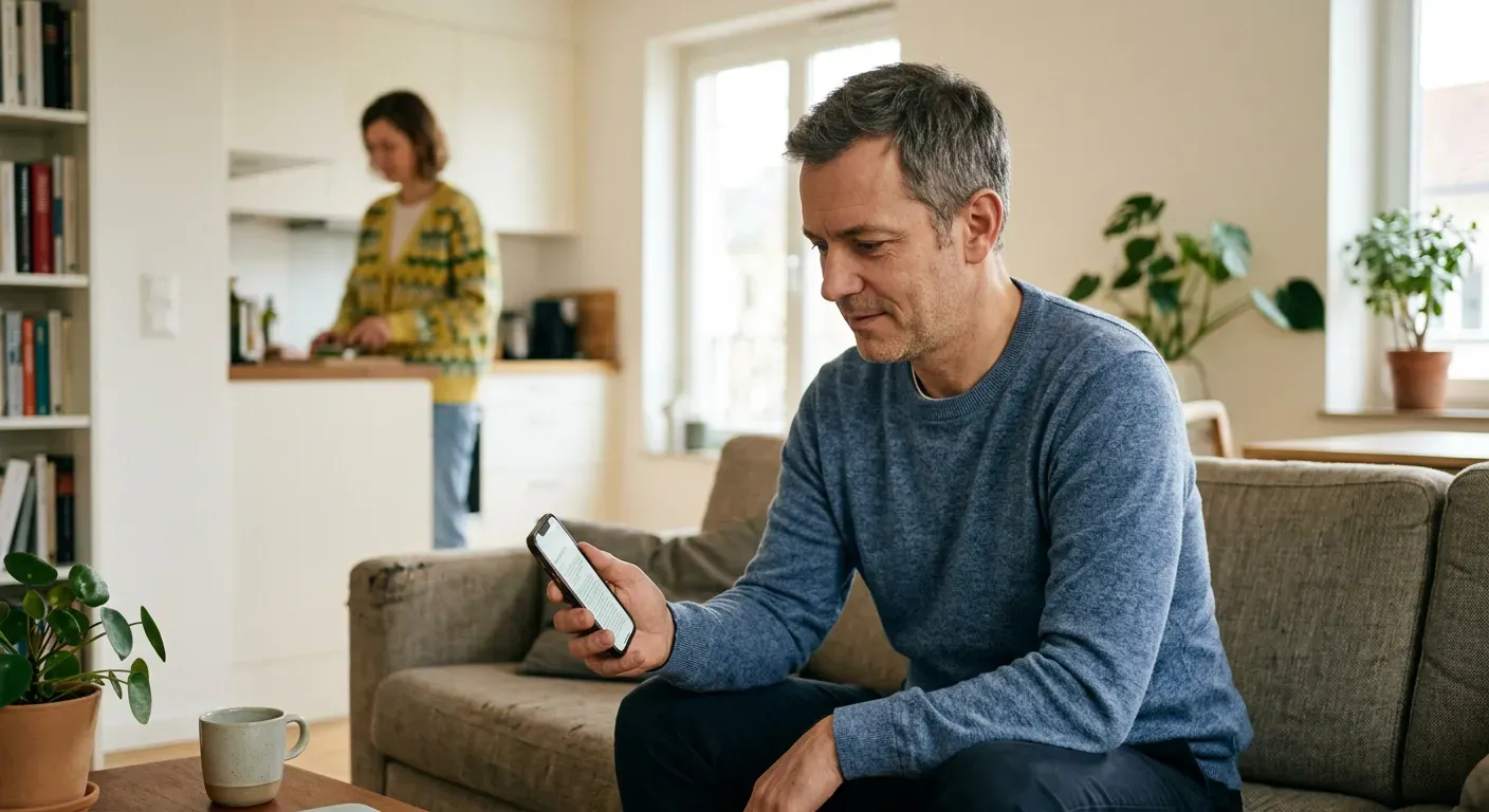 Person schaut verstohlen auf ihr Smartphone zu Hause