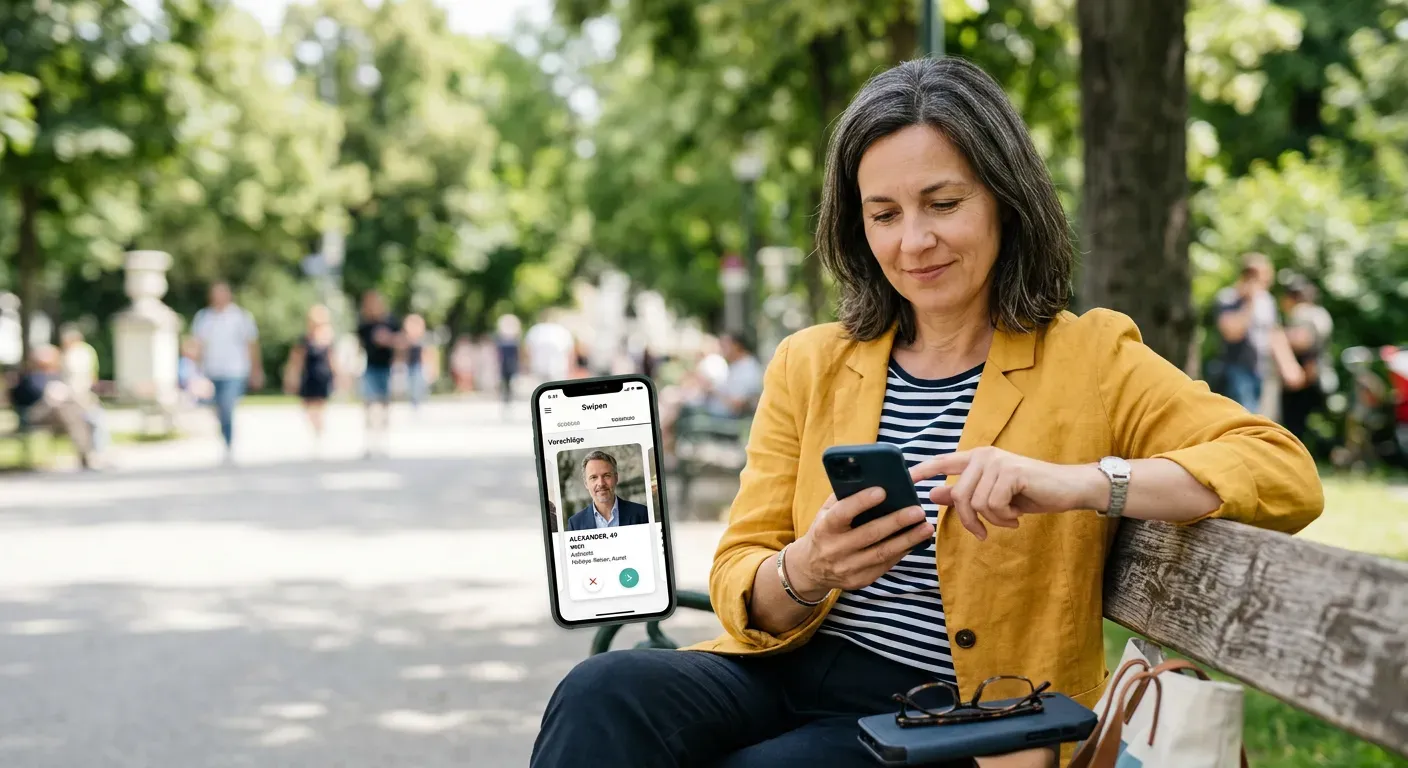 Person sitzt auf einer Parkbank und wischt konzentriert durch Profile auf dem Smartphone