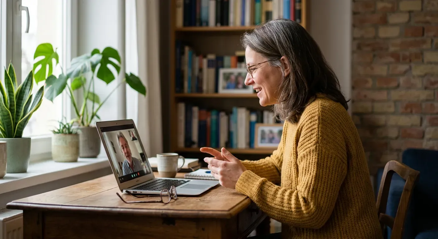 Person führt am Laptop ein entspanntes Videogespräch von zu Hause aus