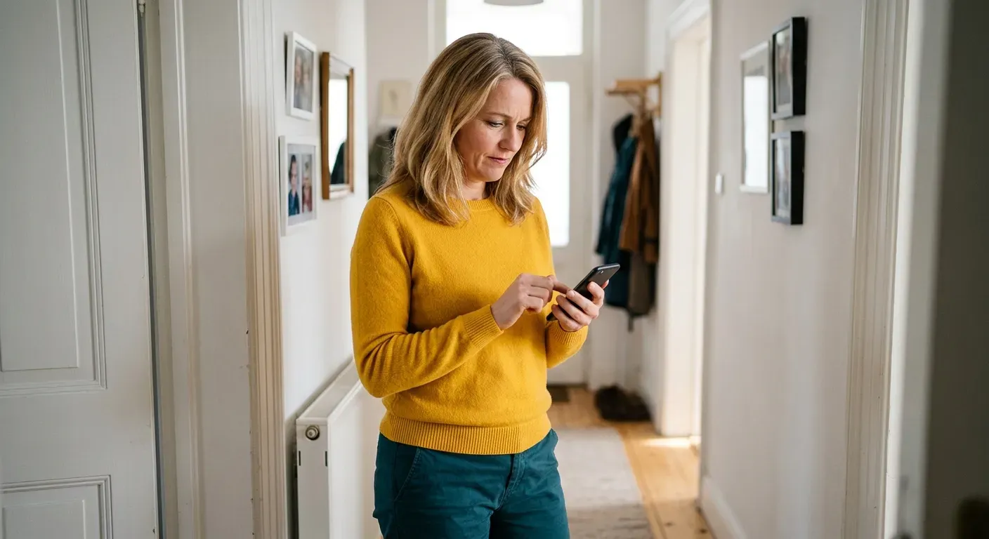 Person tippt im Hausflur eine Nachricht auf dem Smartphone
