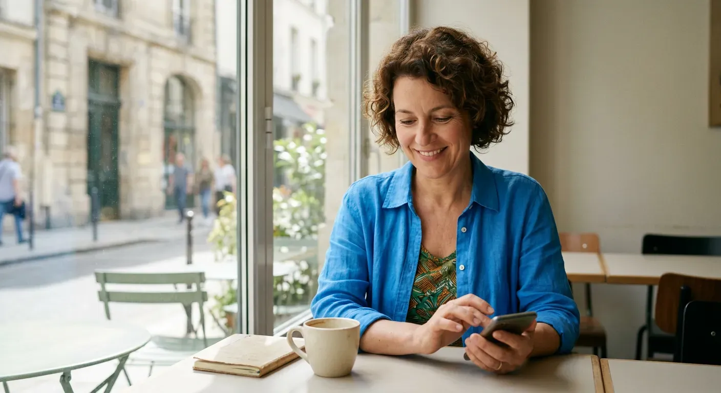 Person sitzt lächelnd in einem Café und tippt eine Nachricht auf dem Smartphone