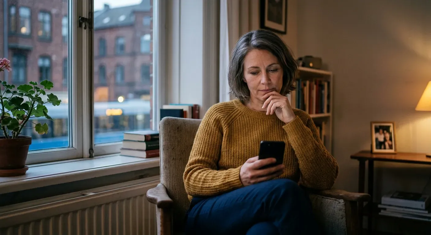 Person sitzt abends am Fenster und schaut nachdenklich auf ihr Smartphone