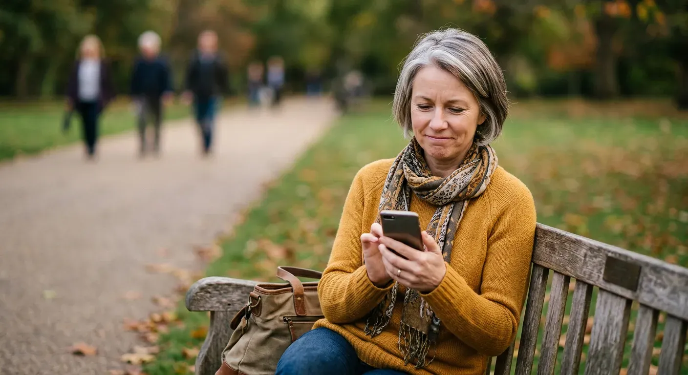 Person sitzt auf einer Parkbank und schaut enttäuscht auf ihr Smartphone