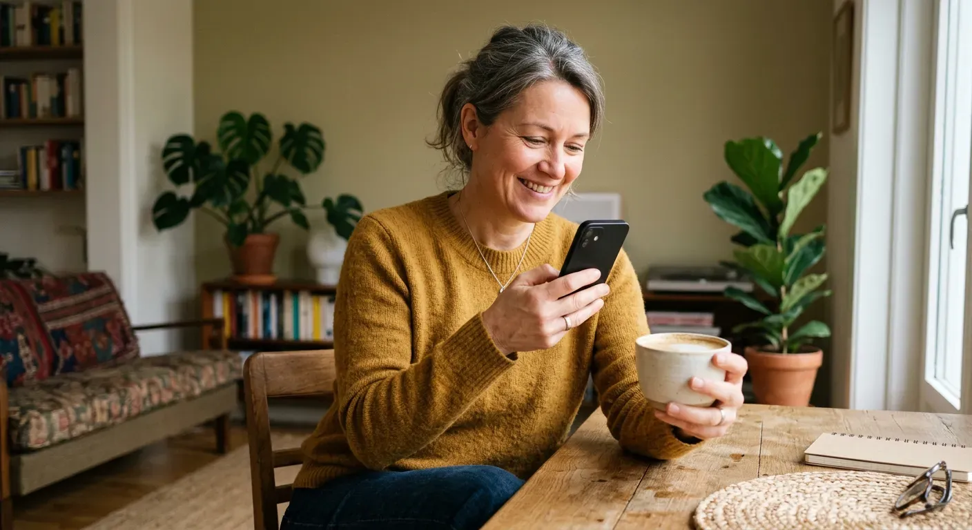 Person fotografiert verschmitzt eine Kaffeetasse zu Hause