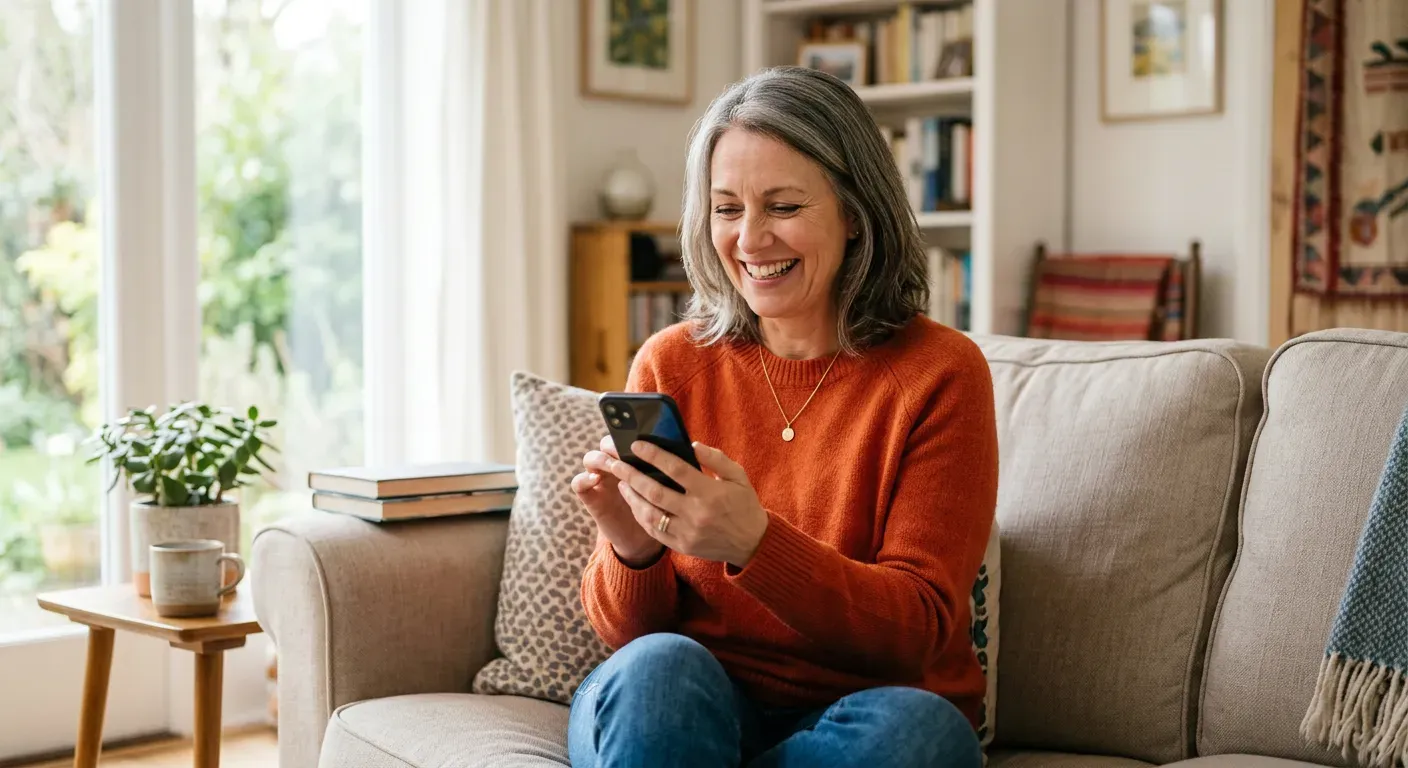 Person sitzt auf dem Sofa und freut sich über eine Nachricht auf dem Smartphone