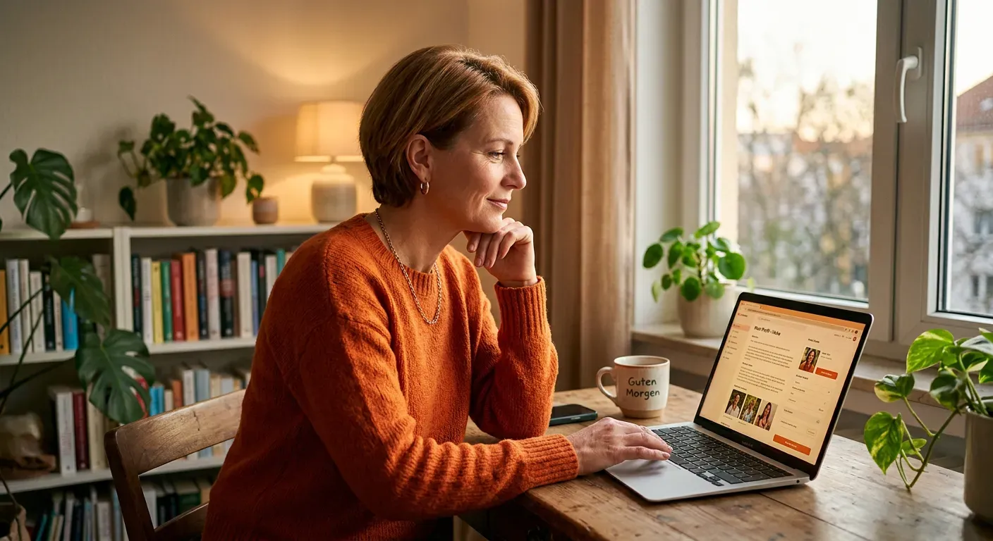 Person sitzt entspannt am Laptop und gestaltet ihr Dating-Profil