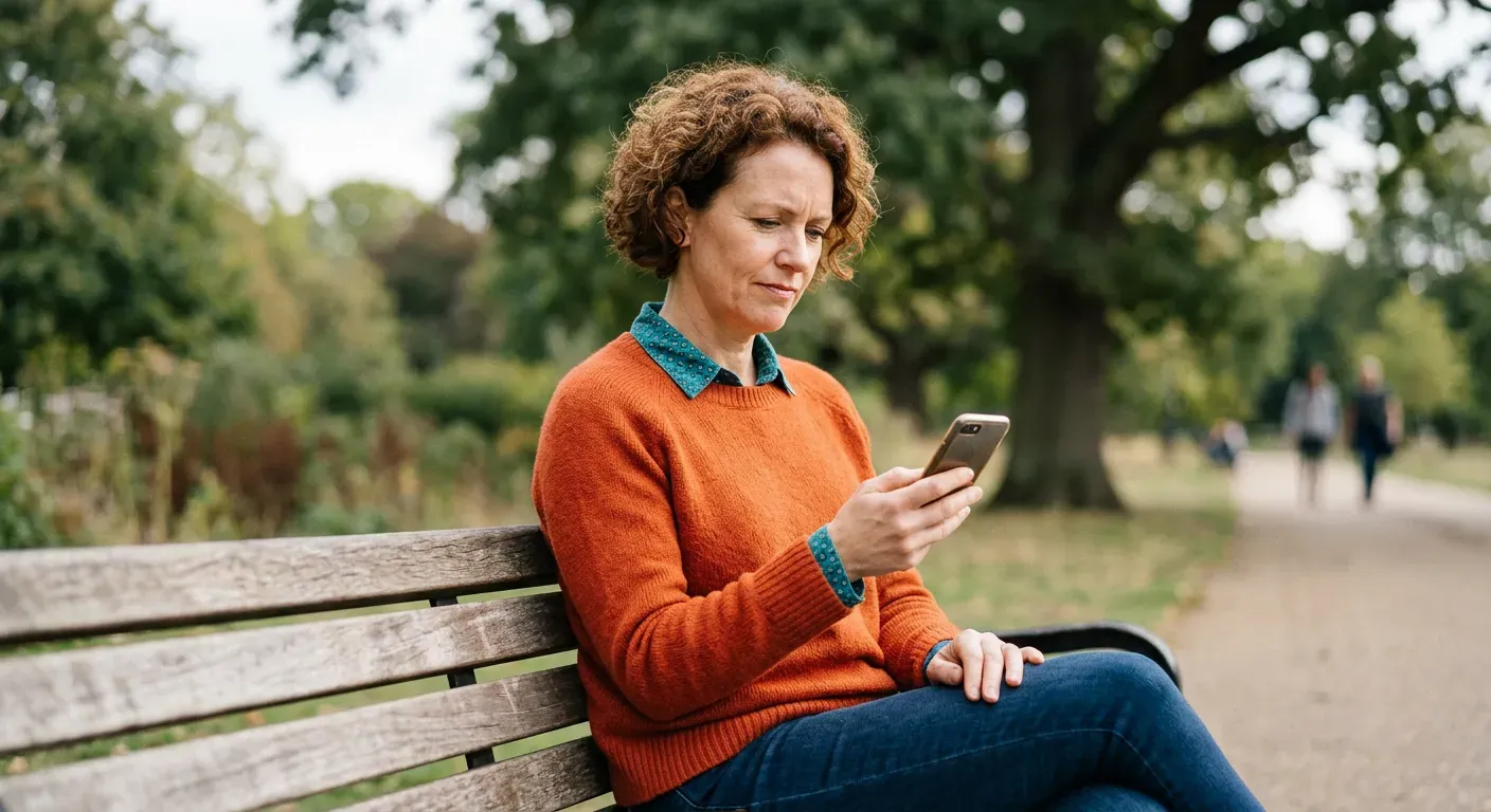 Person sitzt auf einer Parkbank und betrachtet nachdenklich ihr Smartphone