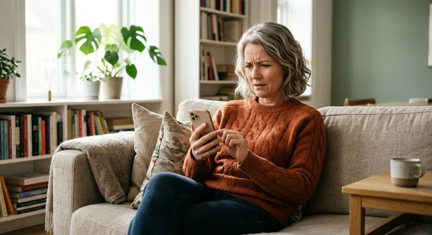 Person sitzt auf dem Sofa und schaut nachdenklich auf Social Media