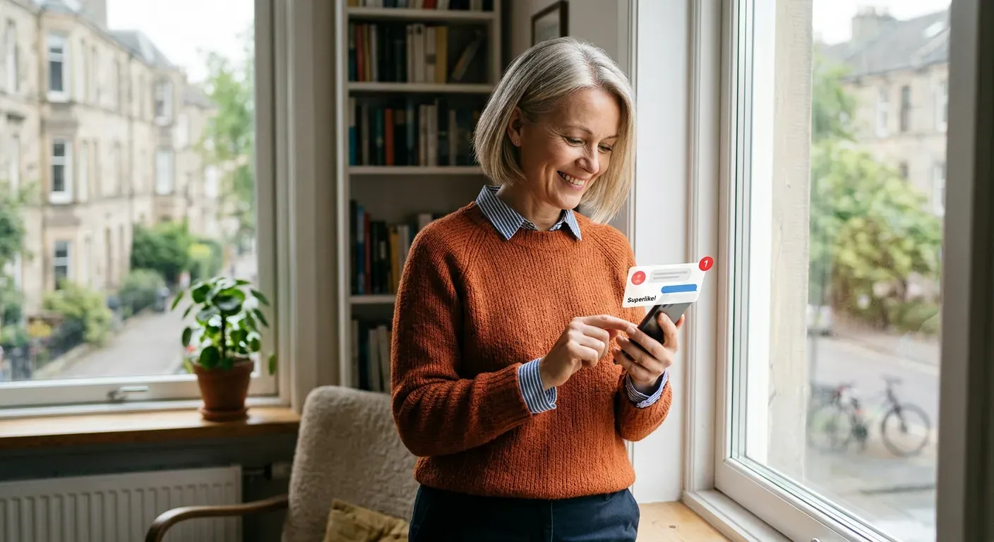 Person steht am Fenster und freut sich über eine Benachrichtigung auf dem Smartphone