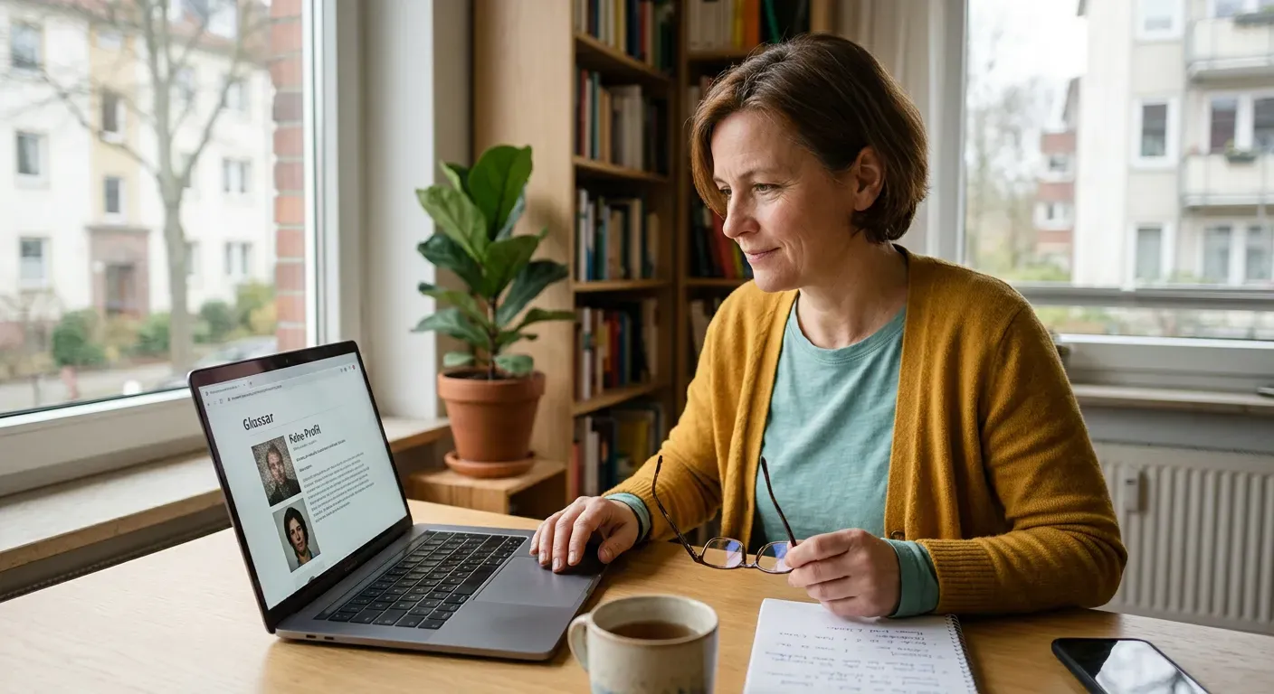 Person prüft aufmerksam ein Profil am Laptop