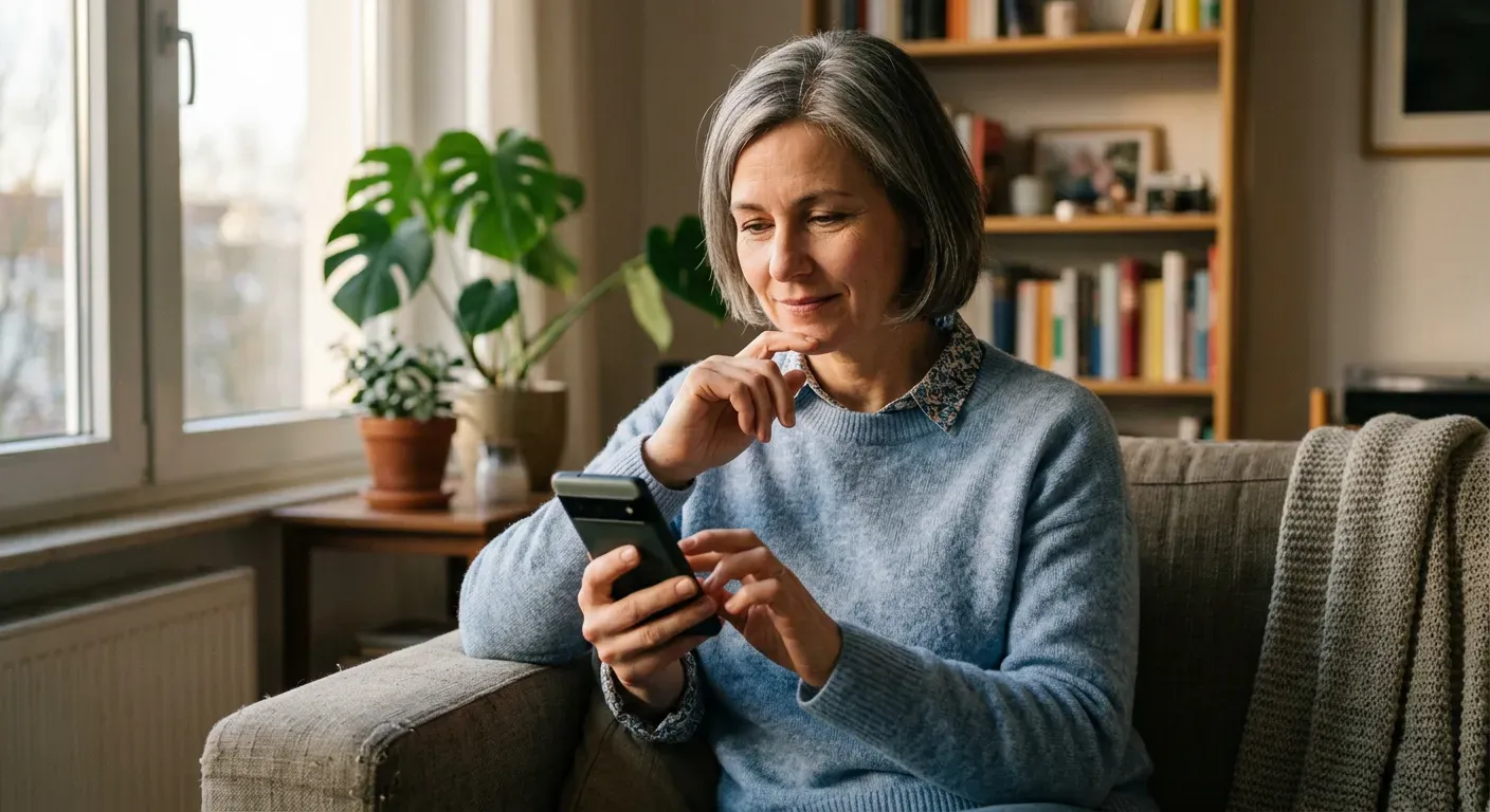 Person sitzt entspannt zu Hause und schreibt vorsichtig eine Nachricht auf dem Smartphone