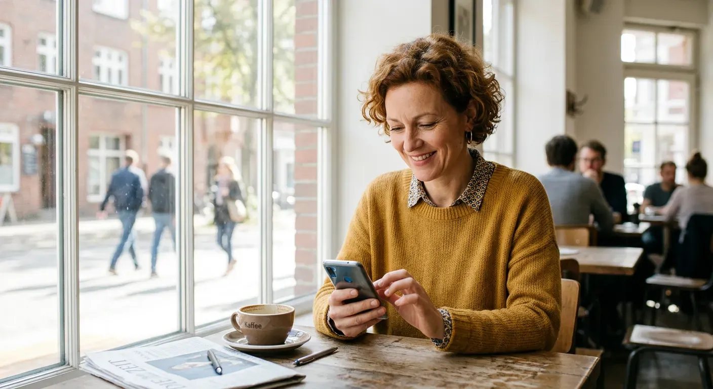 Person sitzt lächelnd in einem Café und tippt eine Nachricht auf dem Smartphone