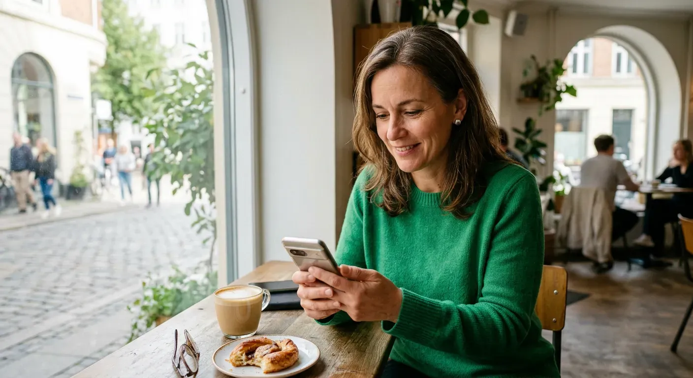 Person sitzt lächelnd in einem Café und tippt eine Nachricht auf dem Smartphone