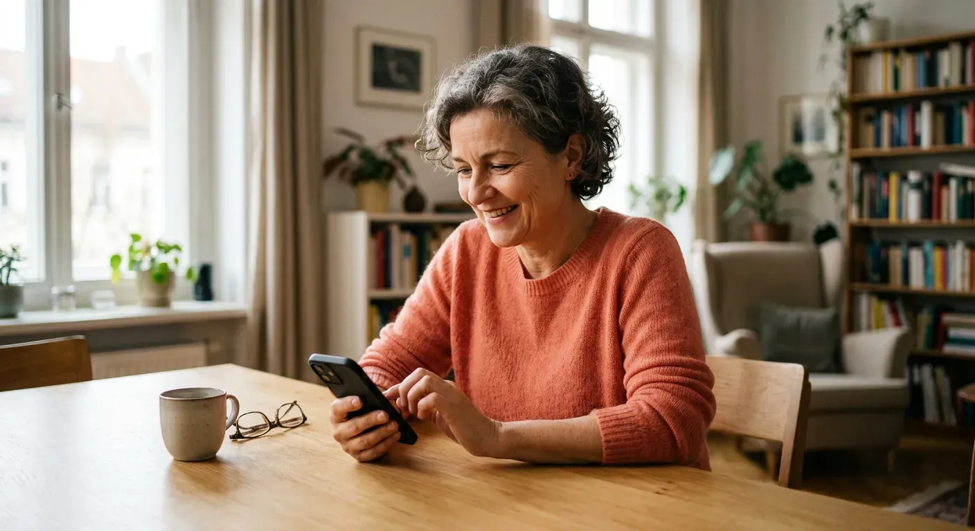 Person tippt lächelnd eine freundliche Nachricht auf dem Smartphone