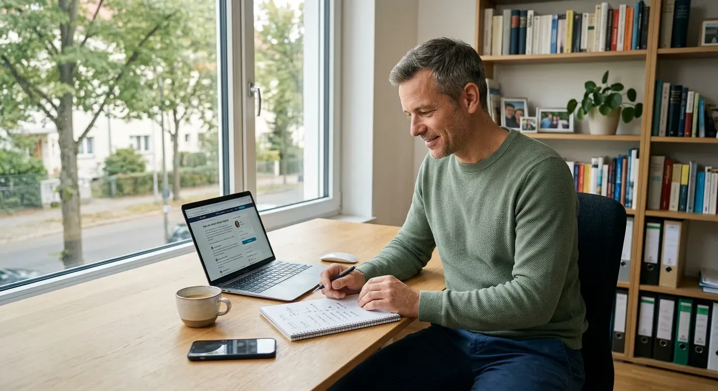 Person sitzt am Schreibtisch am Fenster und vergleicht konzentriert Notizen am Laptop