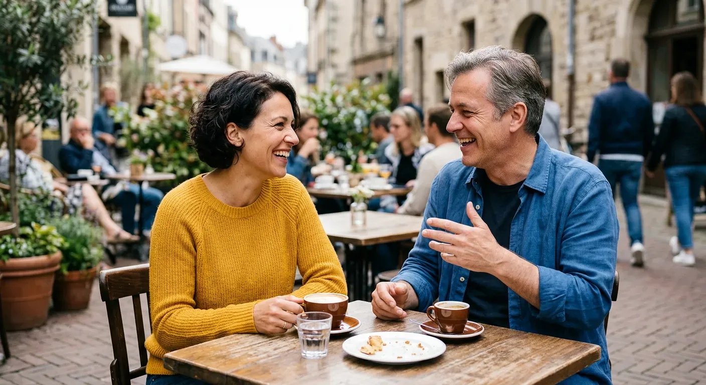 Zwei Personen unterhalten sich angeregt an einem Cafétisch