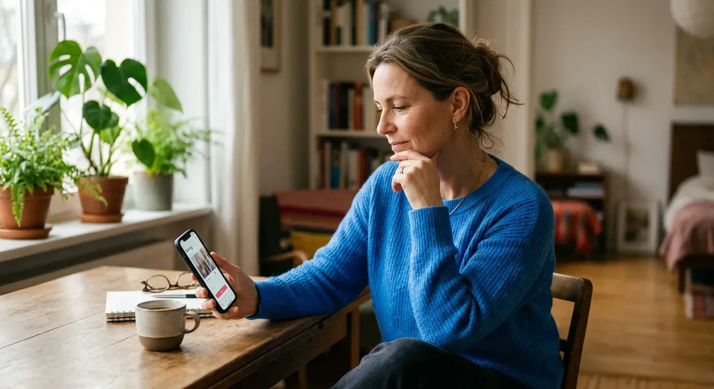 Person sieht sich lächelnd Dating-Vorschläge auf dem Smartphone an