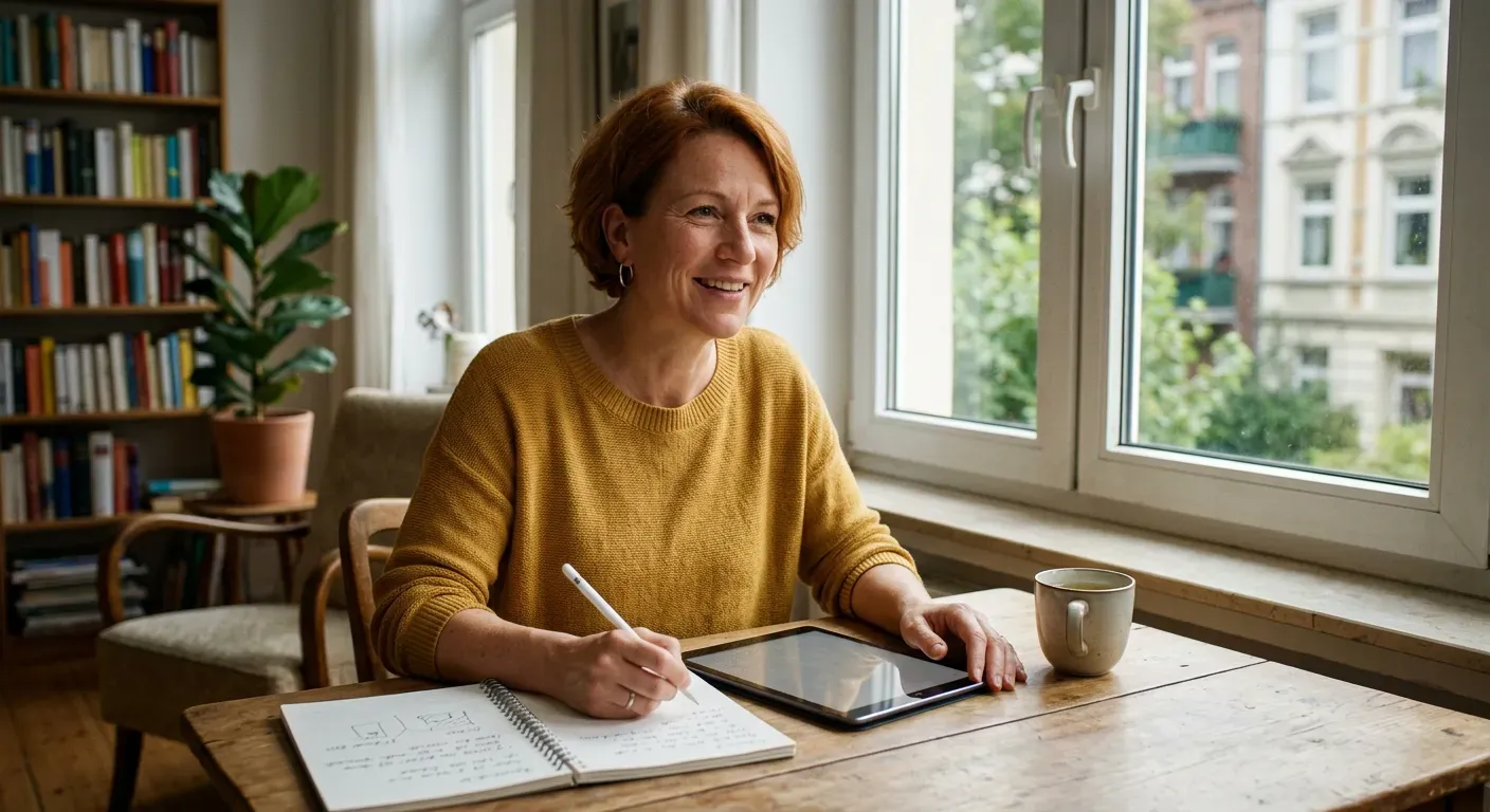 Person sitzt an einem hellen Fenster und macht sich Notizen zu Date-Ideen