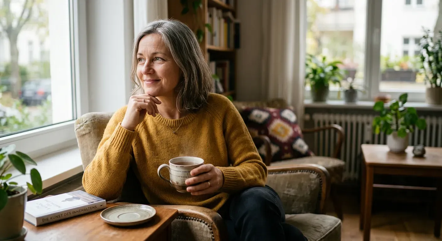 Person sitzt entspannt zu Hause mit einer Tasse Tee