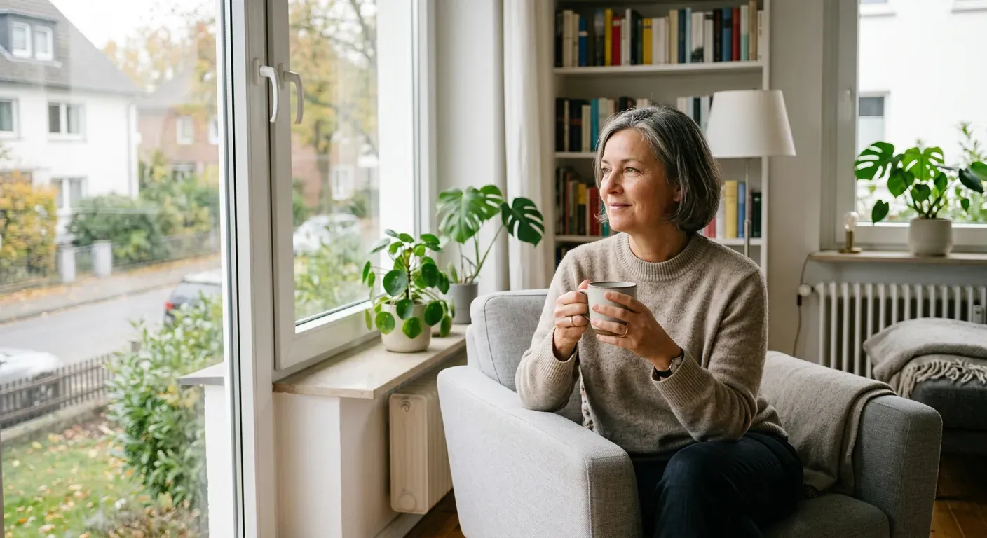 Person mittleren Alters sitzt nachdenklich mit einer Tasse Tee am Fenster