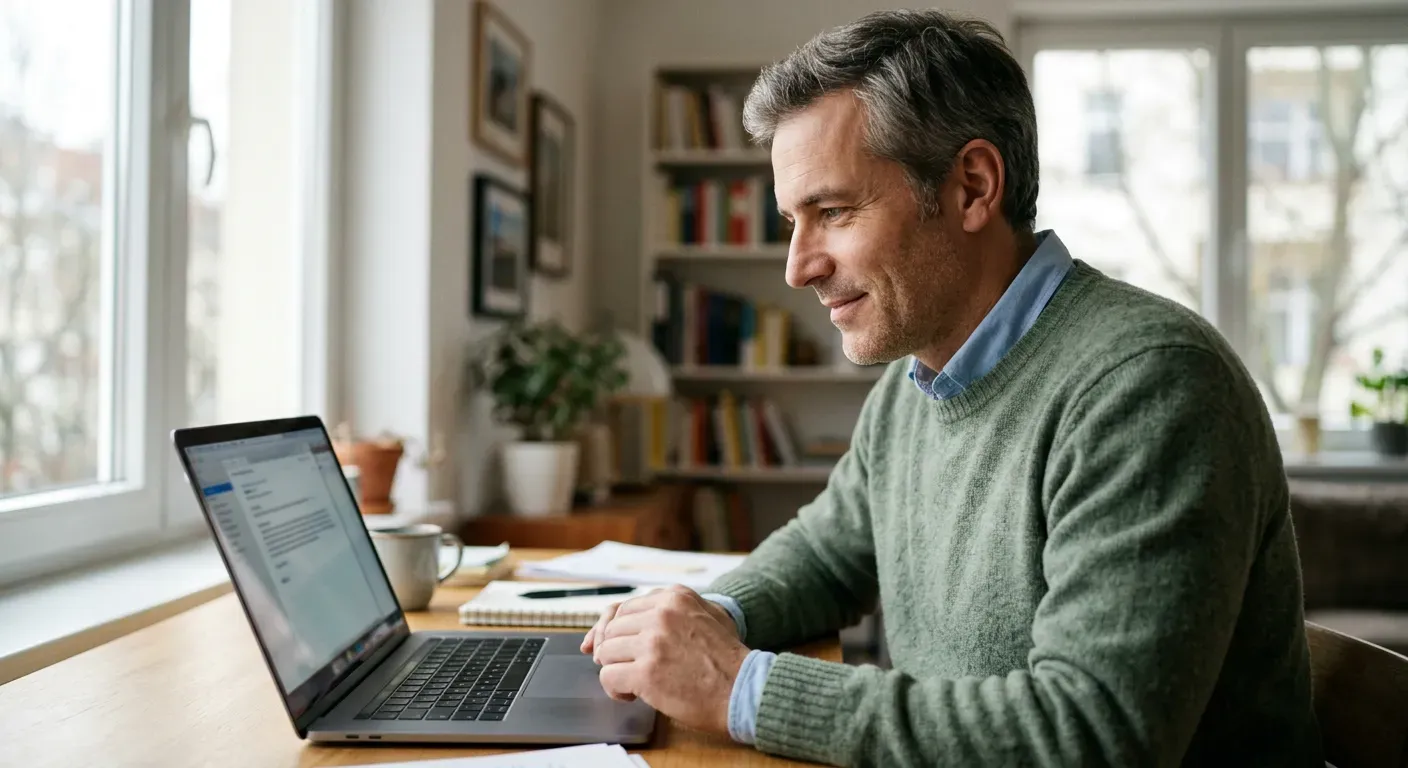 Person sitzt konzentriert am Laptop und liest eine Nachricht