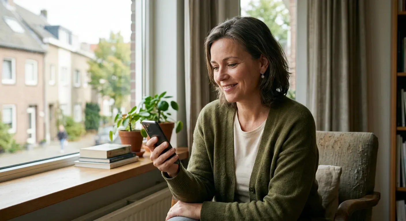 Person lächelt nachdenklich beim Blick auf ihr Smartphone