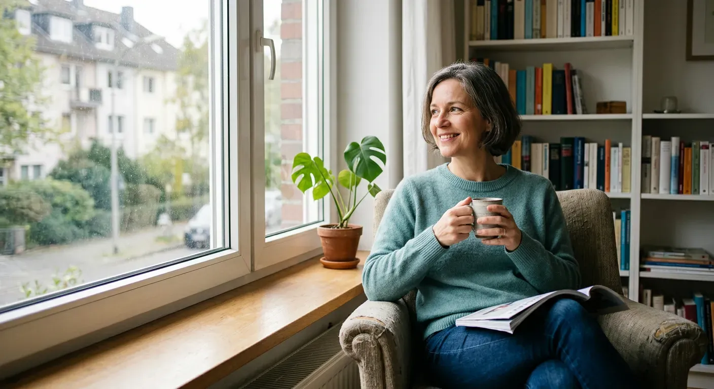 Person steht entspannt am Fenster zu Hause