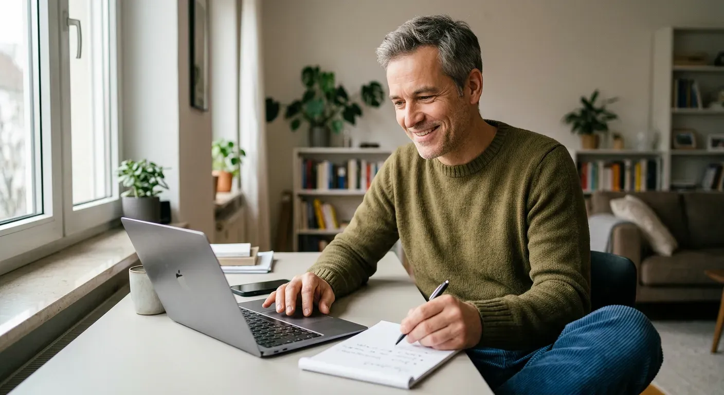 Person sitzt zu Hause entspannt am Laptop