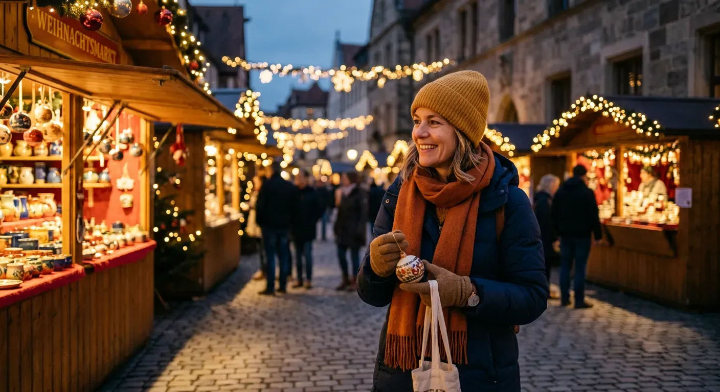 Person schlendert lächelnd über einen beleuchteten Weihnachtsmarkt