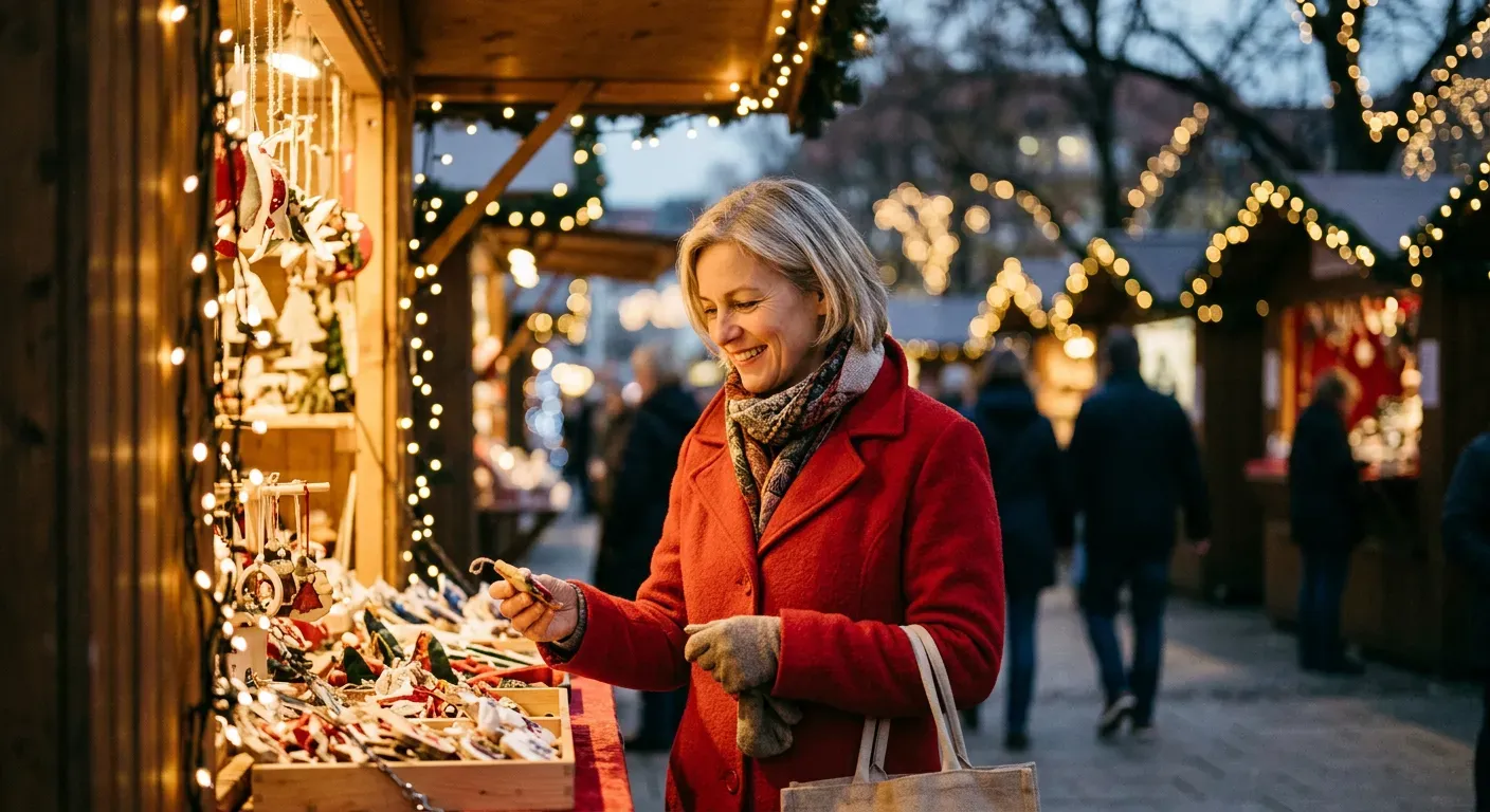 Person schlendert lächelnd über einen beleuchteten Weihnachtsmarkt