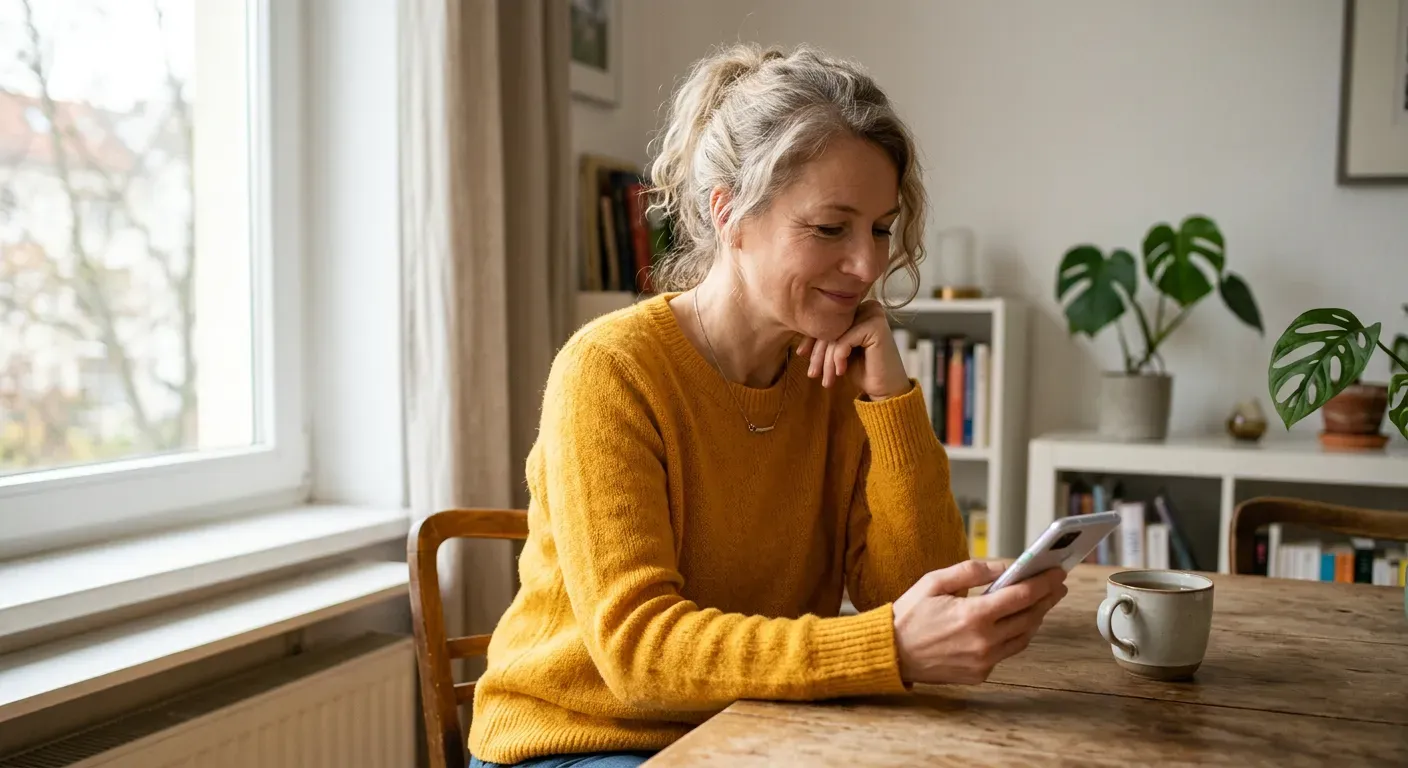 Person sitzt nachdenklich zu Hause und schaut auf ihr Smartphone