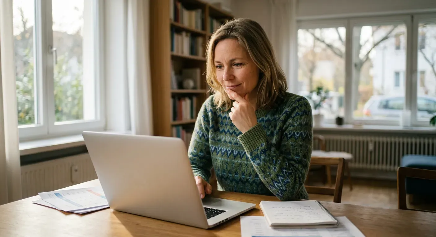 Person vergleicht aufmerksam Preise und Optionen am Laptop