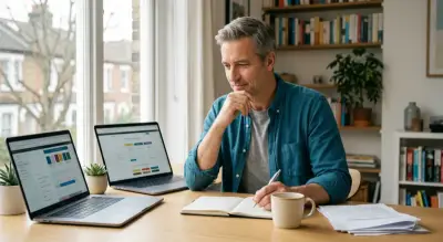 Person sitzt am Schreibtisch am Laptop und macht sich Notizen